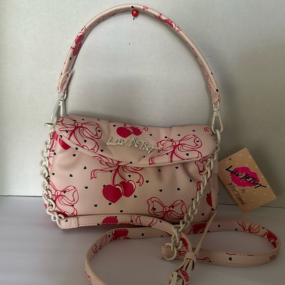 Luv Betsey by Betsey Johnson Pink Bow Cherries Hearts Crossbody Bag - Picture 7 of 16